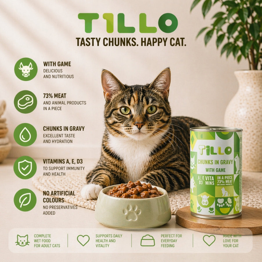 Tillo Chunky Wet Cat Food Game Can 48x415g Pieces in Sauce Brand no brand