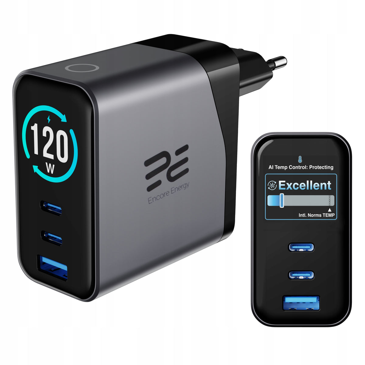 Triple USB Charger 120W Fast QC PD GaN With Encore Energy Display