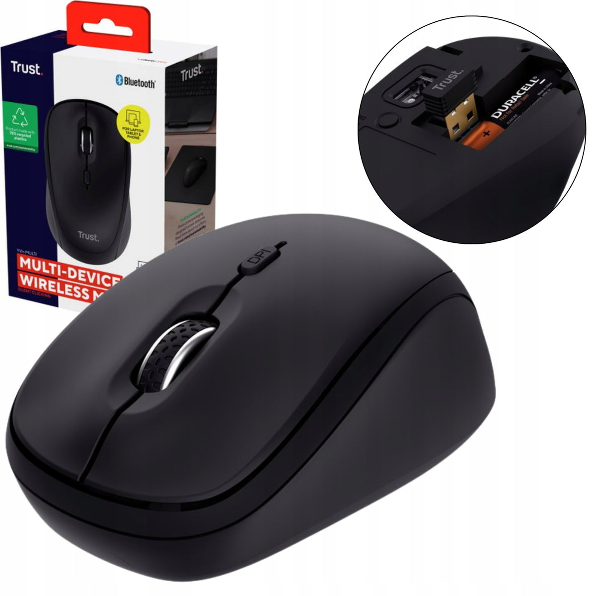 Trust Yvi Multi-Device Wireless Bluetooth USB Mouse Quiet For Laptop PC