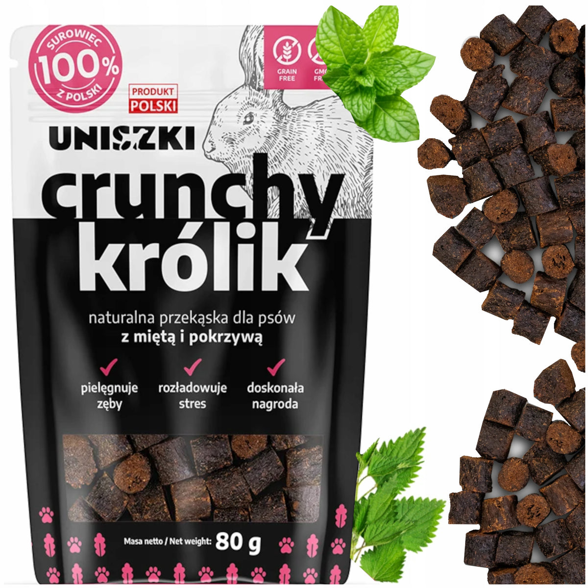 UNISZKI DOG TREAT CRUNCHY RABBIT FLAVOR MINT-NETTLE 80G