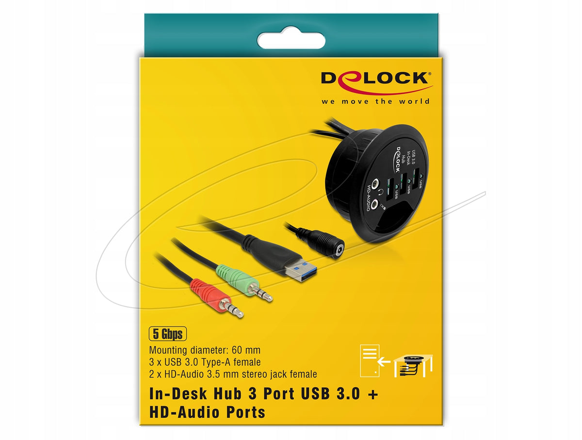 USB 3.0 HUB WITH AUDIO OUTPUTS MOUNTED TO THE DESK TOP DELOCK 61990 EAN (GTIN) 4043619619900