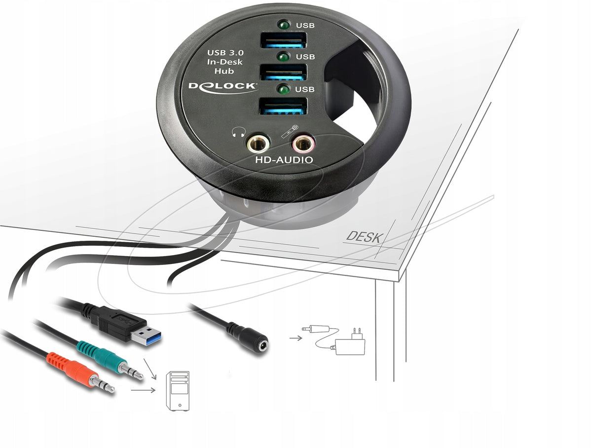 USB 3.0 HUB WITH AUDIO OUTPUTS MOUNTED TO THE DESK TOP DELOCK 61990