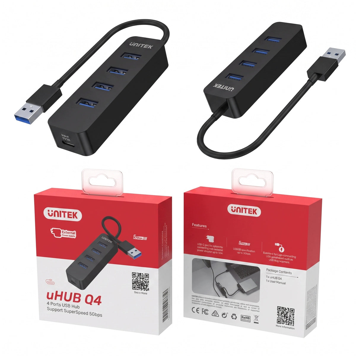 USB 3.0 Hub Splitter Active 4 Ports USB-A 5Gbps USB-C Power Supply PC Drive