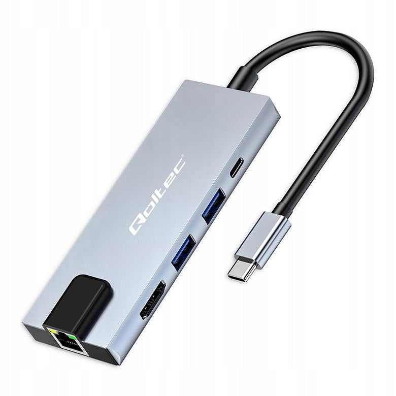 USB Adapter Qoltec USB-C 5in1 PD 100W HDMI 4K RJ45 2x USB Aluminum