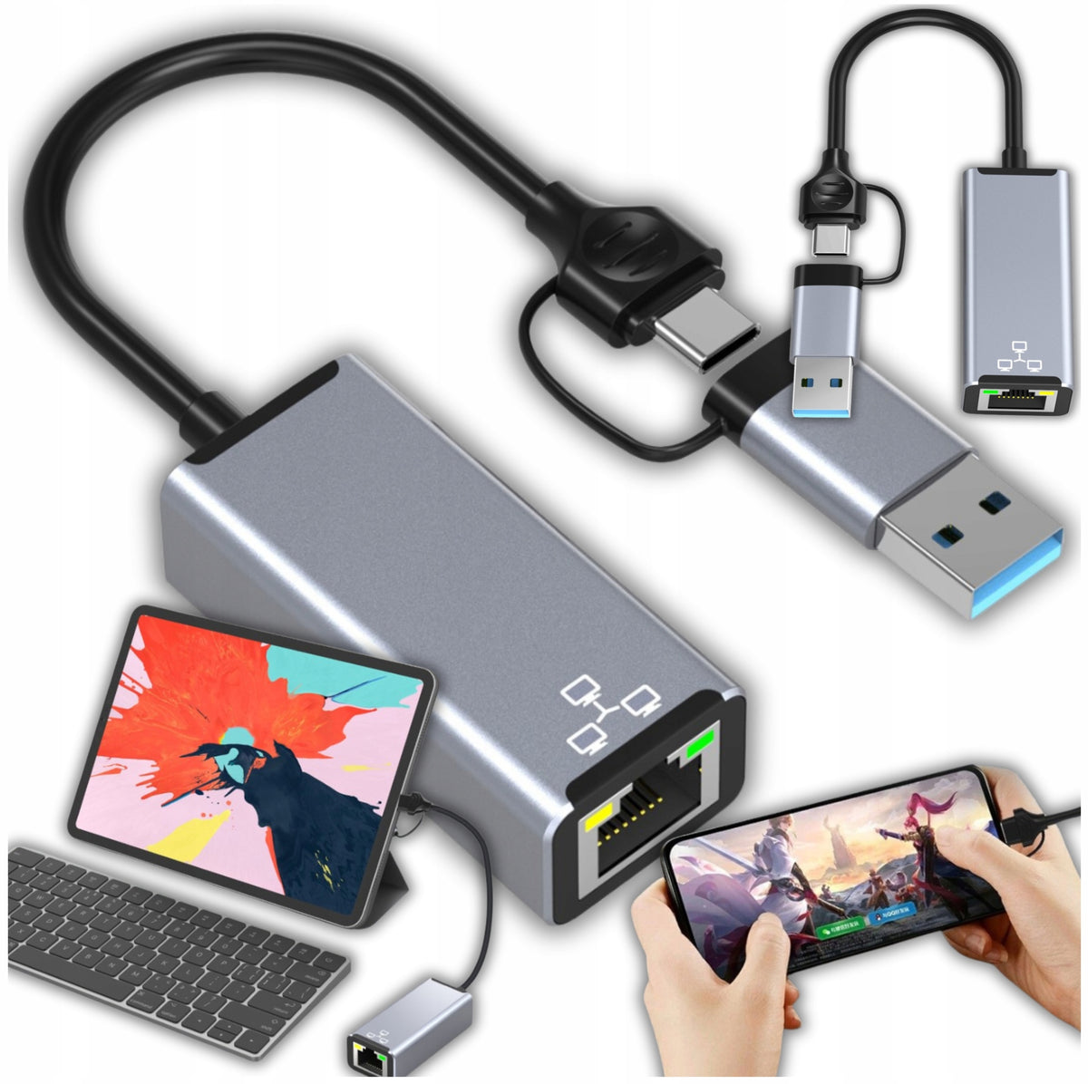 USB Adapter RJ45 Network Card External USB C/USB A 2in1 1000Mbps