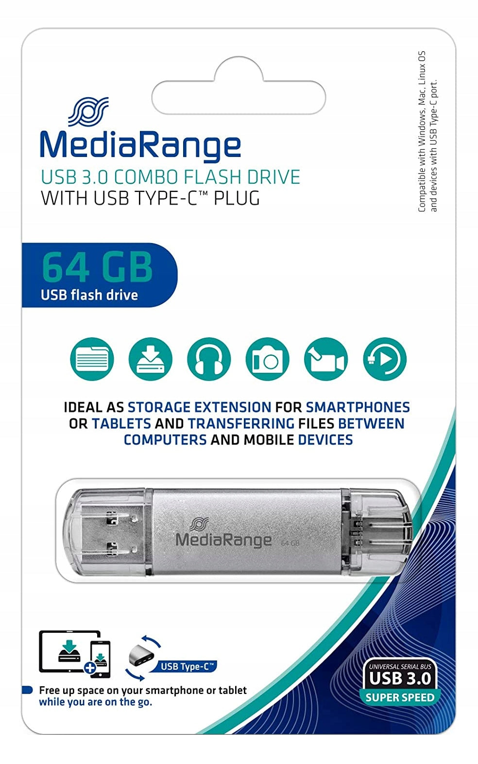 USB-C 64GB FLASH DRIVE FOR SMARTPHONE ANDROID IPHONE USB-A METAL PLUGS Packaging status original