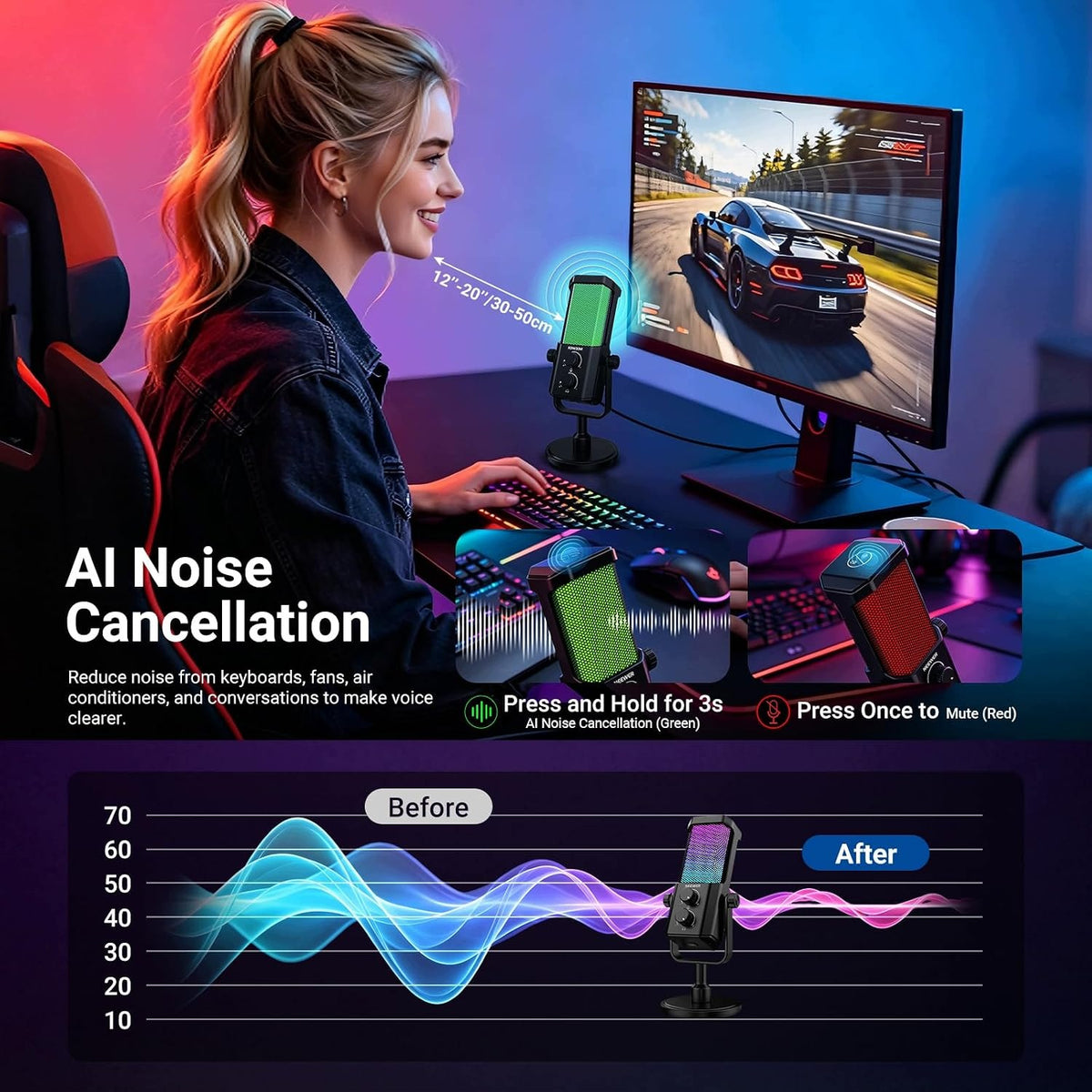 USB MICROPHONE CARDIOID AI RGB PLUG & PLAY NOISE REDUCTION Manufacturer code MIKROFON USB KARDIOIDALNY AI RGB REDUKCJ