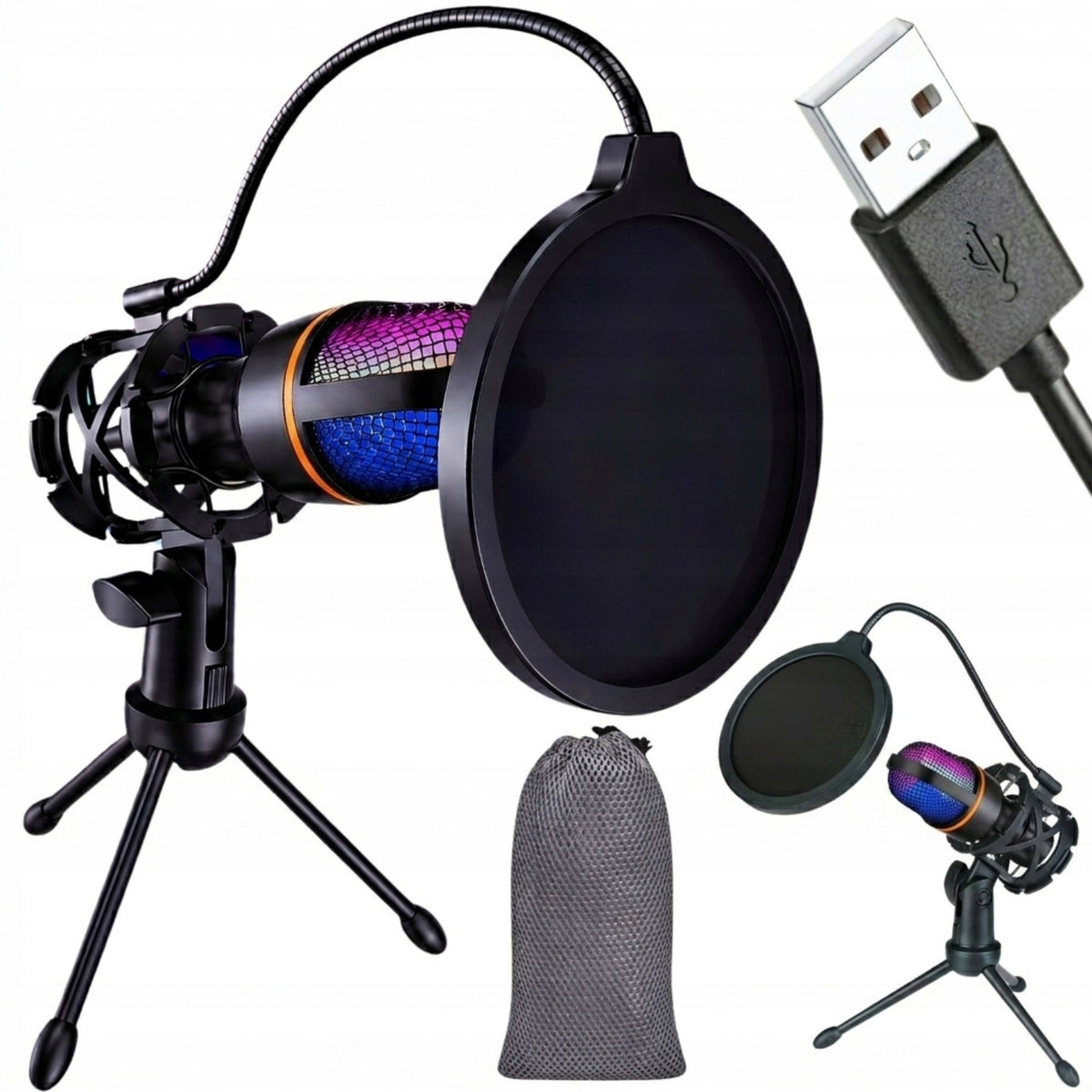 USB RGB LED Condenser Gaming Microphone for PC PS4 PS5 Tripod Pop Filter