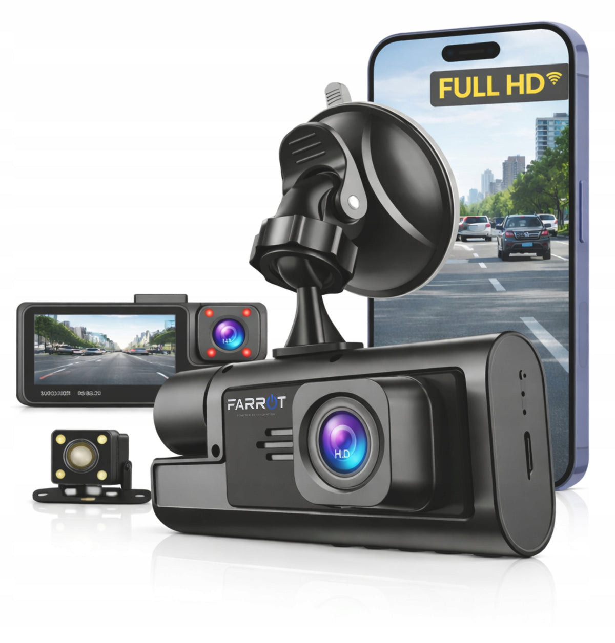 Video Recorder Car Camera 3in1 Front Interior Rear WiFi Full HD