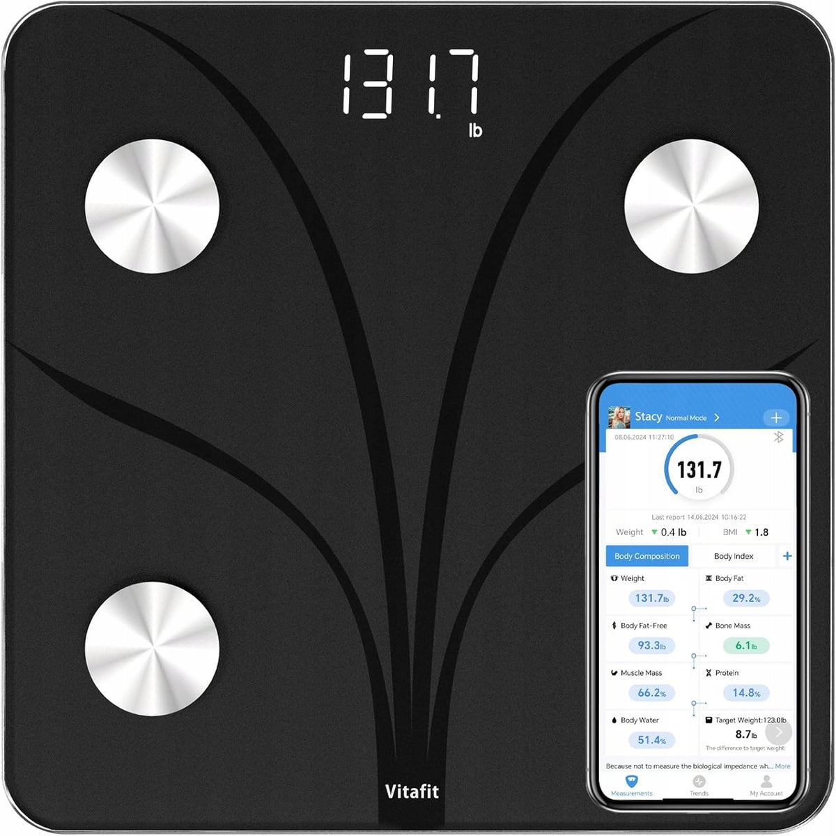 Vitafit Bathroom Scale Smart BMI Fat Muscle LED 180kg Black
