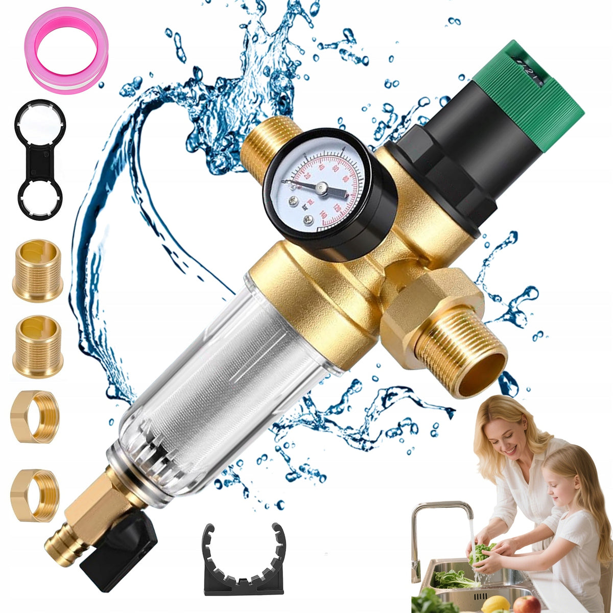 WATER PRESSURE REDUCER WITH PRESSURE GAUGE ADAPTER 3/4 REGULATOR