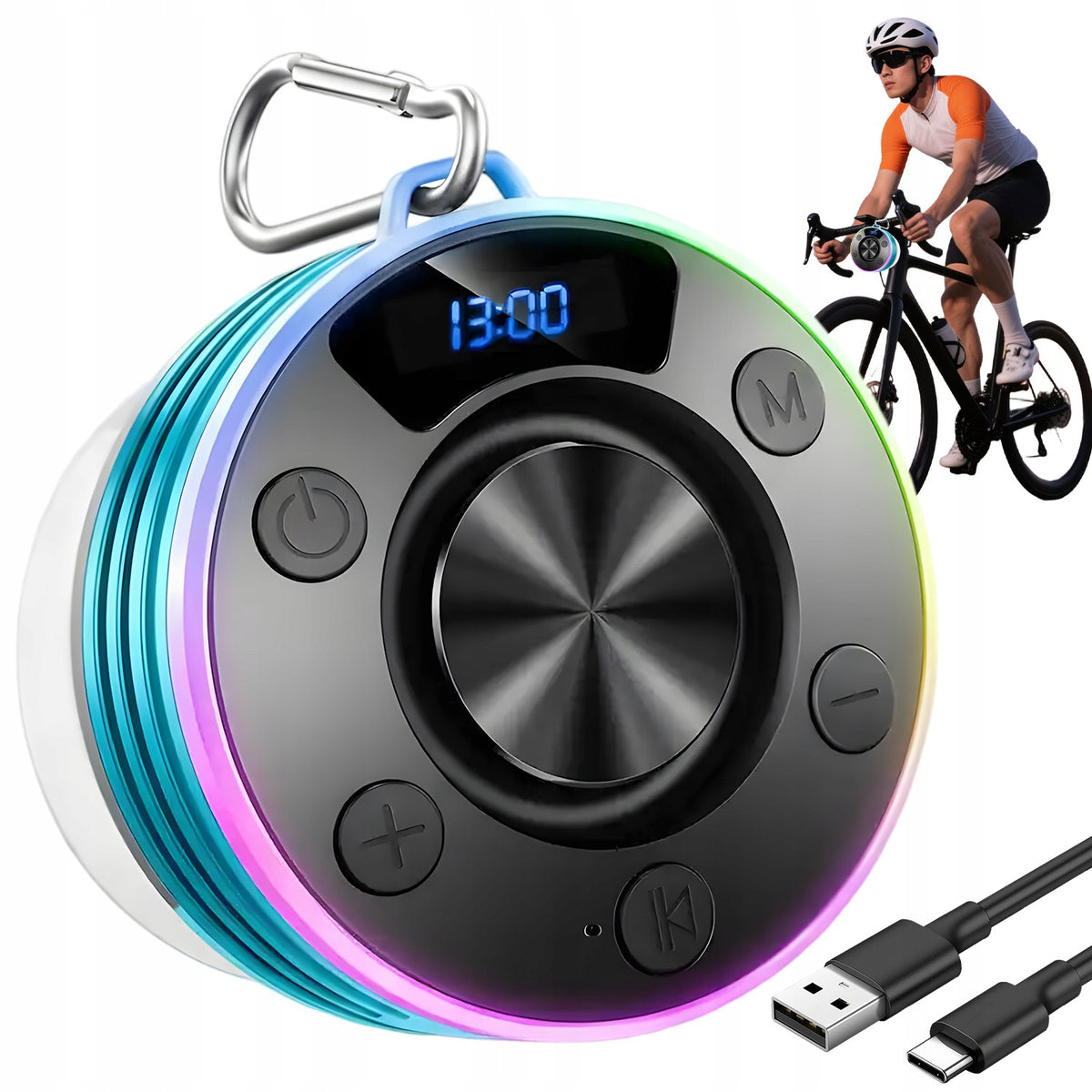 WATERPROOF BLUETOOTH SPEAKER WITH RGB LED DISPLAY HOOK AND SUCTION CUP