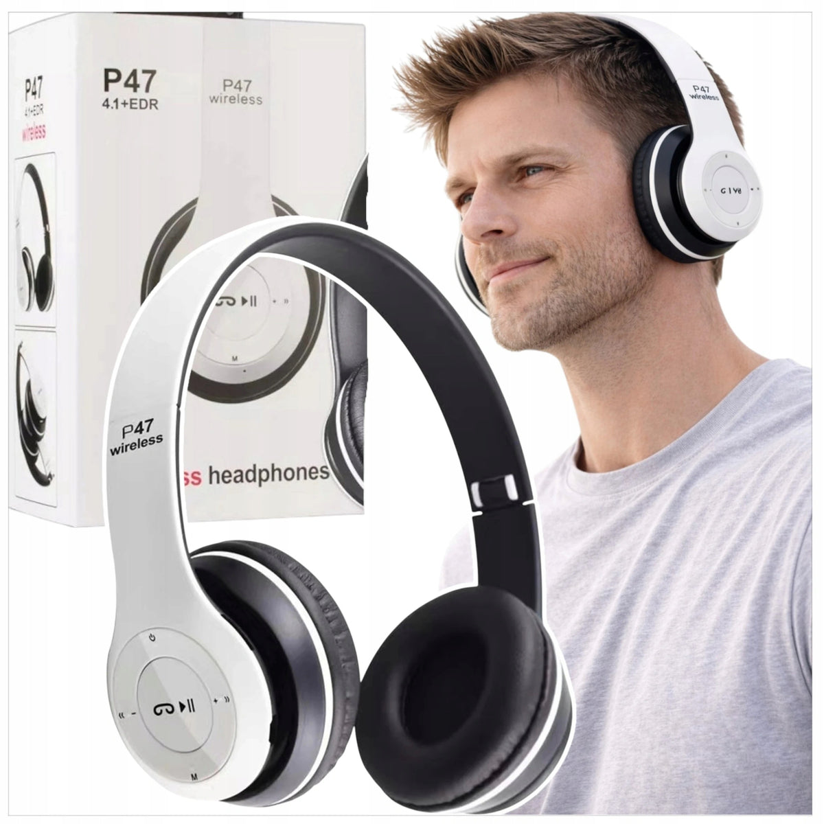 WIRELESS BLUETOOTH HEADPHONES MICROPHONE MP3 ON-EAR WHITE MULTIFUNCTION