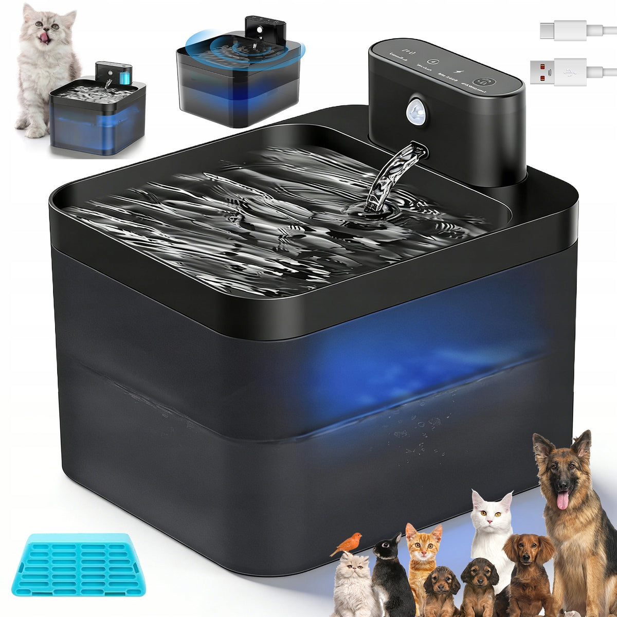 WIRELESS CAT FOUNTAIN 2 2L LED 5 WATER MODES MOTION SENSOR