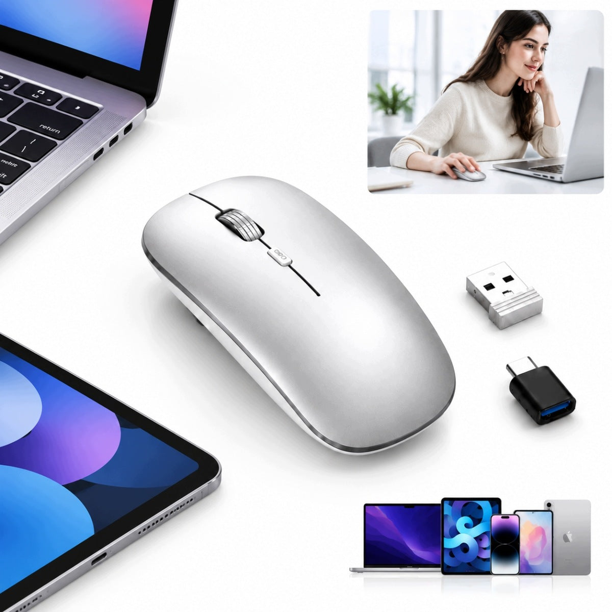 WIRELESS MOUSE BLUETOOTH 2.4G QUIET 3DPI USB TYPE-C SILVER