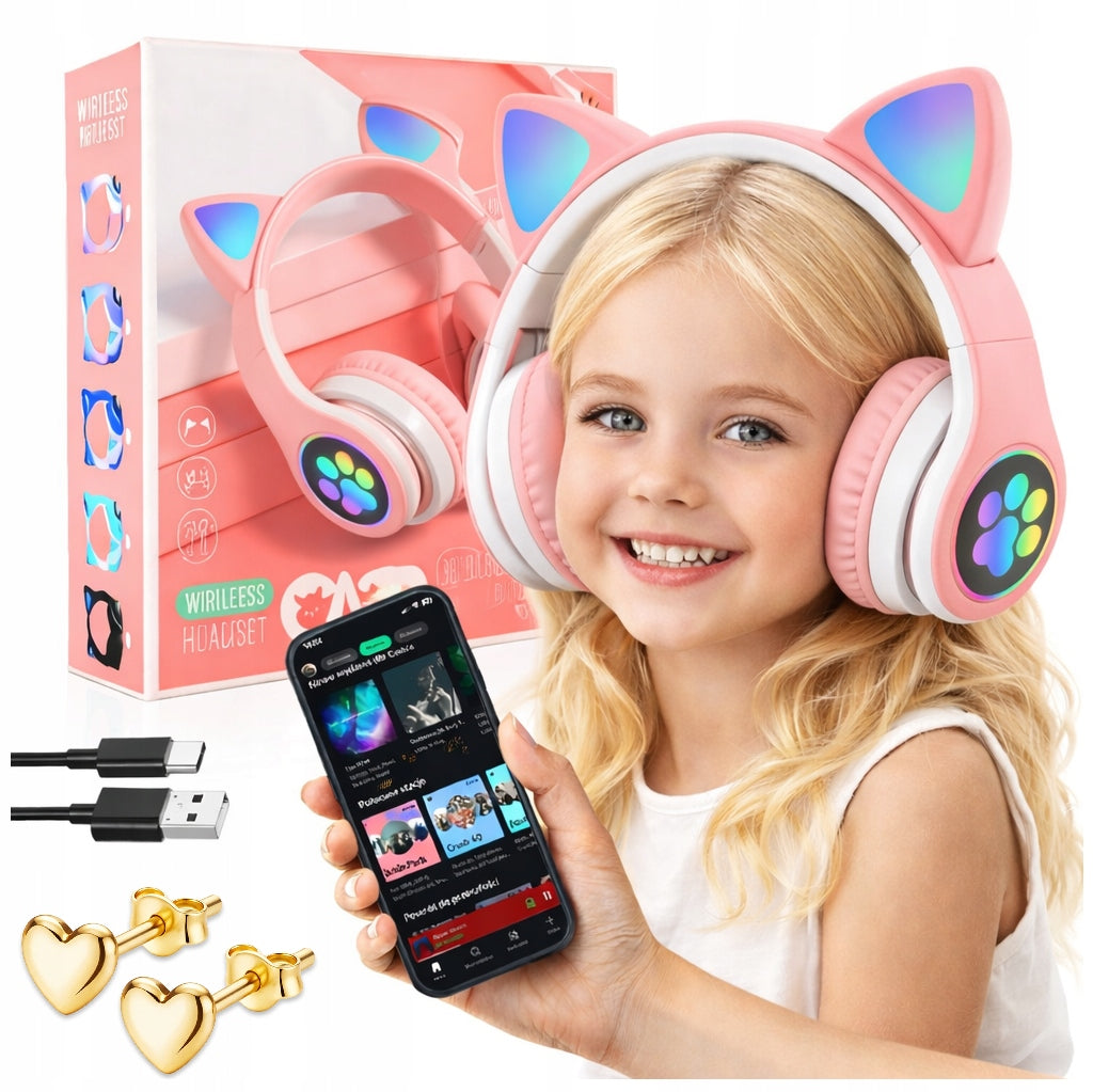 WIRELESS ON-EAR HEADPHONES FOR KIDS CAT EARS BLUETOOTH + EARRINGS