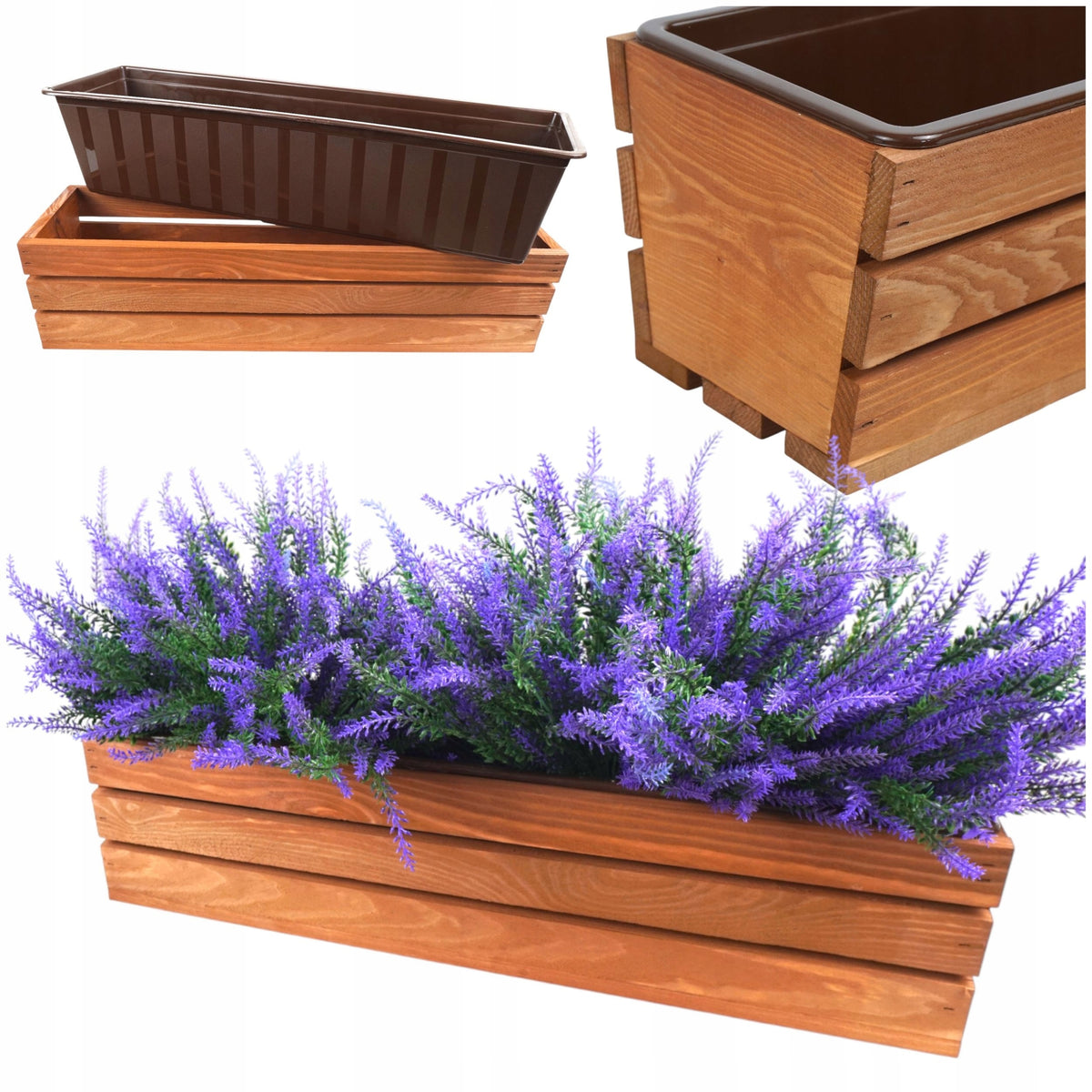 WOODEN BALCONY BOX FOR FLOWERS HERBS PLASTIC INSERT BALCONY 41 CM Packaging status original