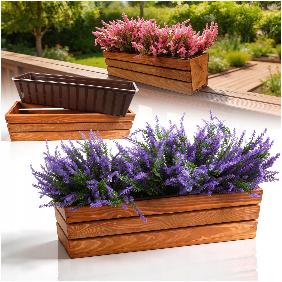 WOODEN BALCONY BOX FOR FLOWERS HERBS PLASTIC INSERT BALCONY 41 CM
