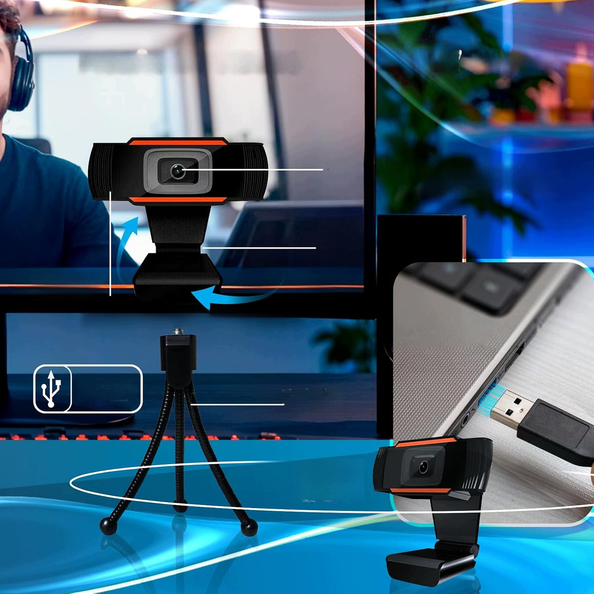 Webcam for computer with microphone Full HD 1080p USB on tripod Packaging status original