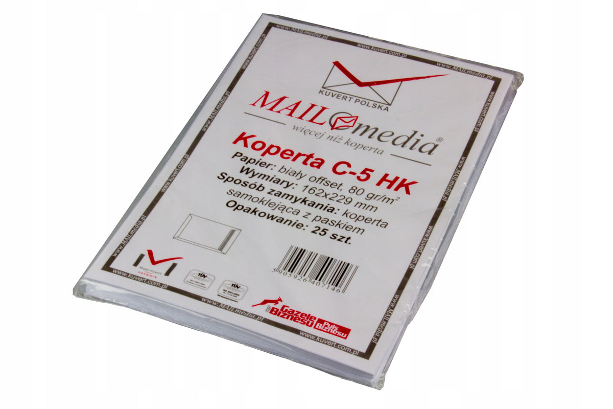 White envelope C5 without window (162 x 229 mm) envelopes for letters 25 pcs.