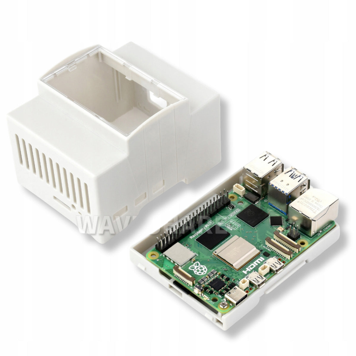 White housing for Raspberry Pi 5 for DIN rail made of ABS plastic