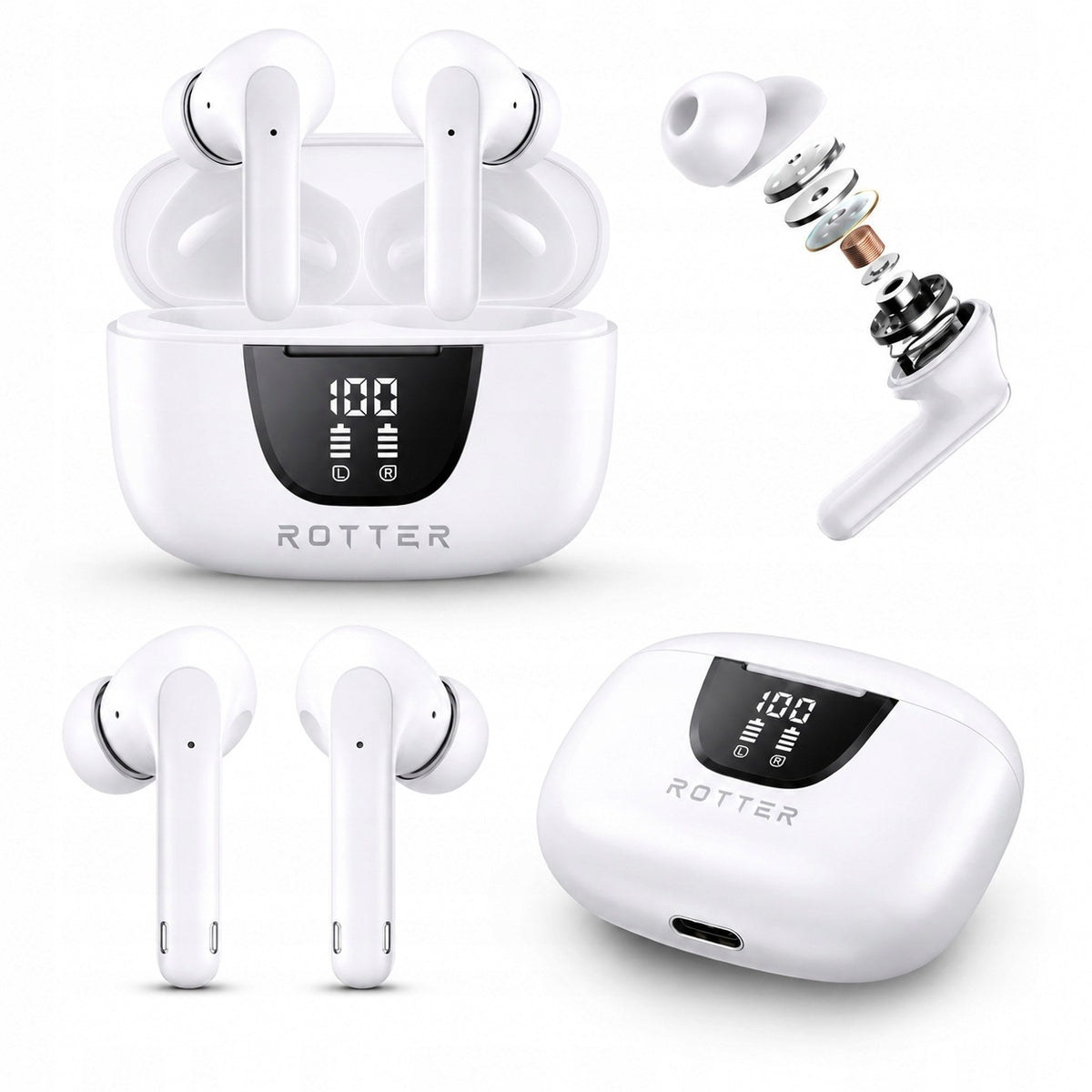Wireless In-Ear Headphones ROTTER Wireless Earbuds Bluetooth USB-C White