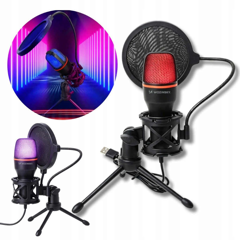 Wozinsky Microphone for PC Studio Gaming USB RGB Tripod - Black