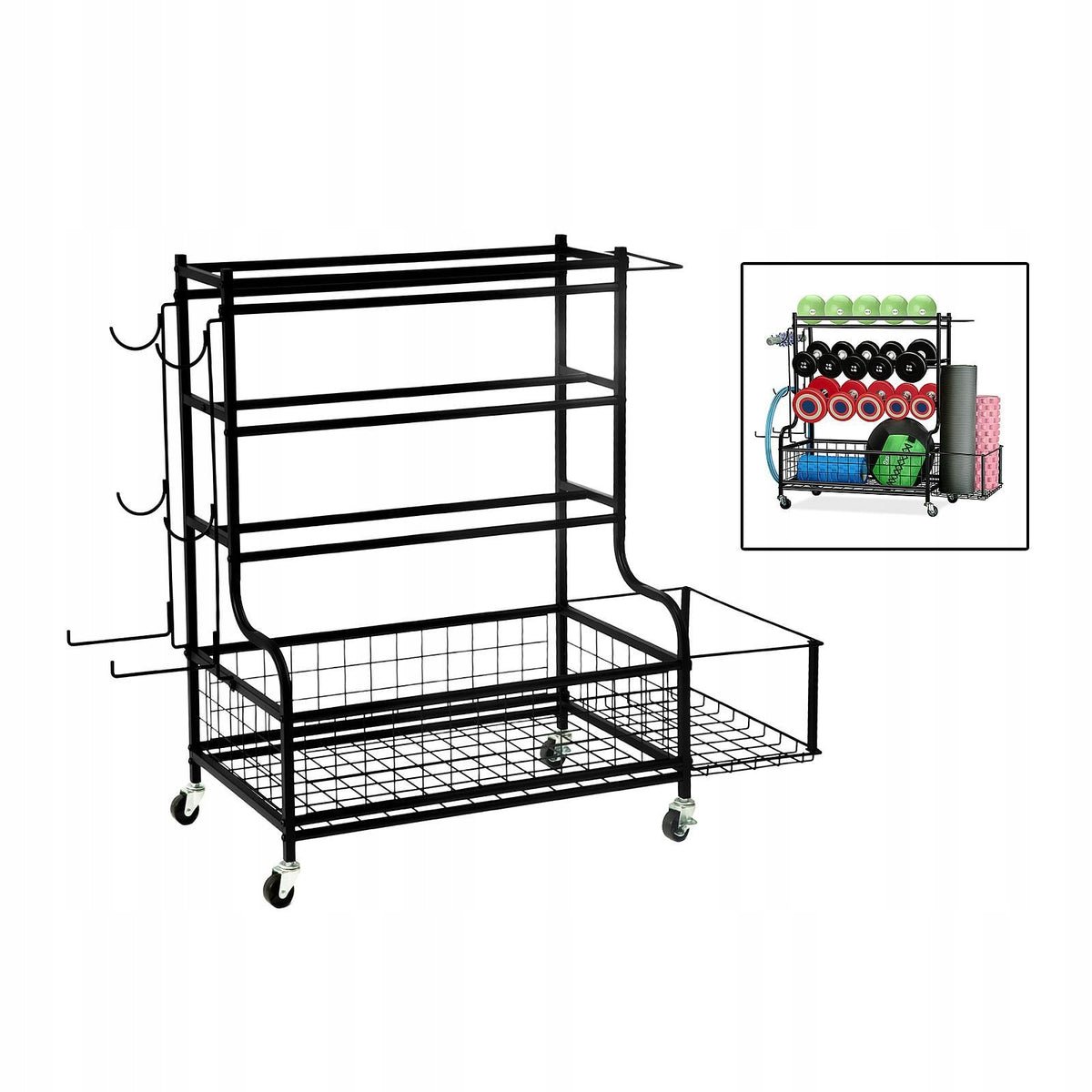Yoga Mat Storage Rack with Hooks and Wheels Furniture Space Saving Workout