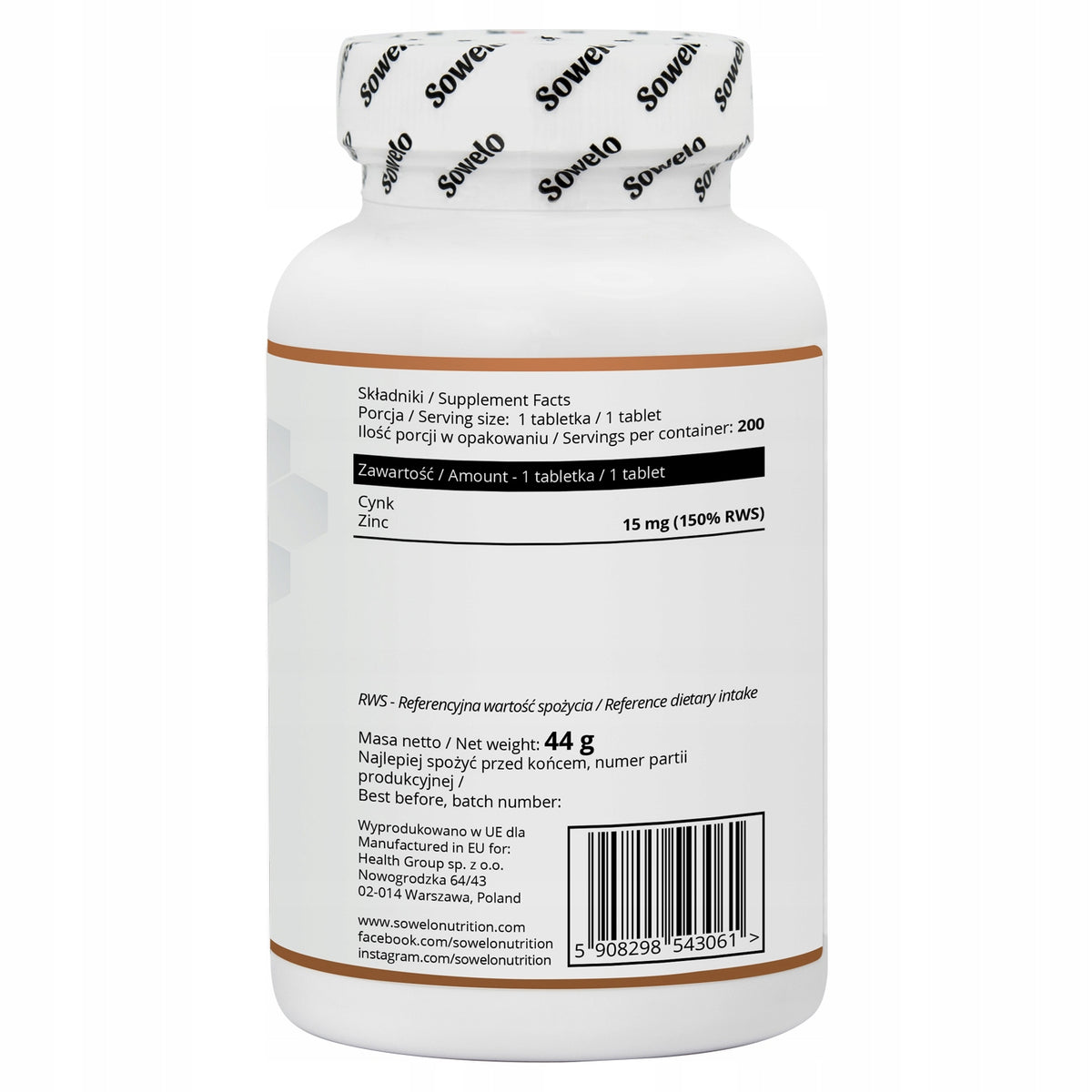 Zinc Gluconate 200 Tablets – 150% RWS – Immunity, Skin, Hormones – Sowelo Manufacturer code SZIN_01